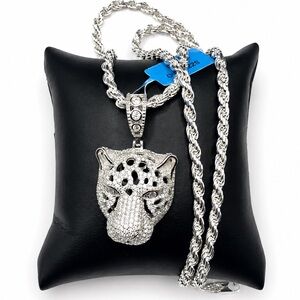 925 Sterling Silver 3.99CT 3D Panther Pendant Men’s Necklace 22”